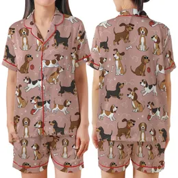 Dog Lovers' Whimsical Cartoon Dachshund Beagle Seamless Pattern Dusty Rose Pink Satin Short-Sleeve Pajamas Set