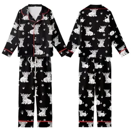 Highland Cow Fans' Black and White Illustrative Stencil Style Seamless Repeating Pattern of Cute Highland Cows with Flower Crowns Kid Satin Pajamas Set