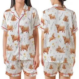 Whimsical Animal Lovers' Fluffy Highland Cow & Calf Watercolor Reddish-Brown & Lavender Wildflower Repeating Pattern Satin Short-Sleeve Pajamas Set