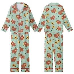 Whimsical Animal Lovers' Pastel Mint Green Highland Cow Golden Sunflower Rustic Repeat Design Kid Satin Pajamas Set