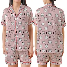 Cat Owner's Cartoon Cat Face Silhouette Black Outline Bubblegum Pink Pattern Satin Short-Sleeve Pajamas Set