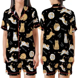 Cat Lovers' Whimsical Seamless Pattern: Playful Cartoon Cats, Tan & White Flat Outline Art with Pink Hearts on Black Satin Short-Sleeve Pajamas Set
