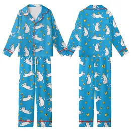Cat Lover Azure Design: White Cats Leaping, Party Hats & Yellow Butterflies Kid Satin Pajamas Set