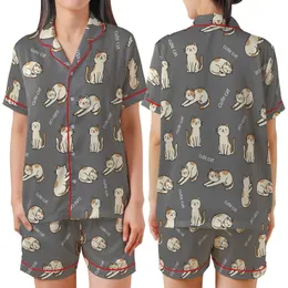 Black Outline Cartoon Cats, Tan White Brown Spots, Pink Cheeks. 'Cute Cat' Text on Grey. Satin Short-Sleeve Pajamas Set