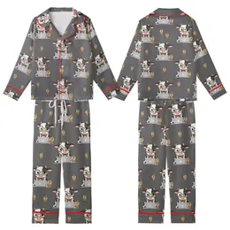 Cartoon Cow Working Laptop Blue Glasses Gold Frame Leopard Bow Brown Boba Tea Charcoal Grey Kid Satin Pajamas Set