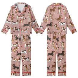 Dog Lover Dachshund Beagle Running Leaping Dogs Pink Paw Prints Golden Yellow Bows Kid Satin Pajamas Set