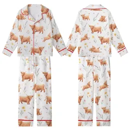Highland Cow Calves Reddish-Brown Wildflower Watercolor Lavender Golden Pink Sage Kid Satin Pajamas Set