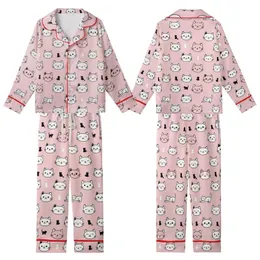 Cat Lovers' Minimalist Hand-Drawn Smiling Sleeping Cat Faces & Silhouettes on Bubblegum Pink Pattern Kid Satin Pajamas Set