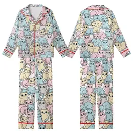 Cat Lover's Peeking Sleeping Stretching Cats Pattern: Pink Blue Grey Tan Aqua Eyes Kid Satin Pajamas Set