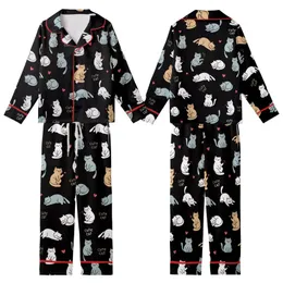 Cat Lover's Black Outline Cartoon Cats Pattern Posing White Tan Grey-Blue Red Hearts Kid Satin Pajamas Set