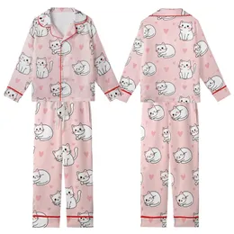 Cat Lover Pastel Pink Sleeping Winking Sitting Cats Black Outline White Body Hearts Kid Satin Pajamas Set