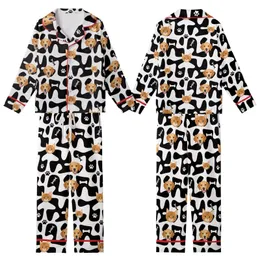 Pet Lovers' Golden Retriever Ginger Tabby Cat Faces Black White Abstract Pattern with Bones & Fish Skeletons Kid Satin Pajamas Set