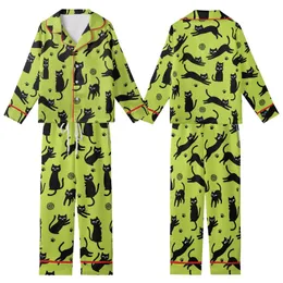 Cat Lovers' Vibrant Lime Green Playful Black Cat Silhouettes Flat Cartoon Pattern with Blue Eye Accent Kid Satin Pajamas Set