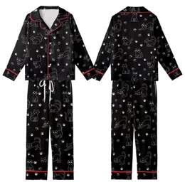 Cat Lovers' Minimalist White Line Art Playful Cats & Heart Paw Print Seamless Pattern on Black Kid Satin Pajamas Set
