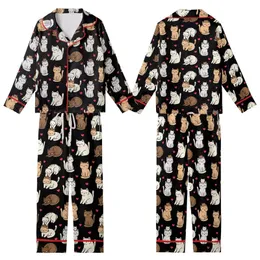 Kawaii Style Enthusiasts' Playful Hand-Drawn Cartoon Cats, Pink Hearts, White Grey Brown Peach on Black Kid Satin Pajamas Set
