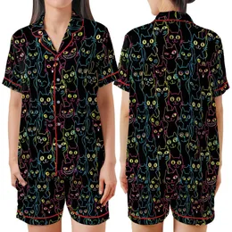 Black Cat Lovers' Neon Pop Whimsical Black Cat Seamless Pattern Electric Blue Pink Yellow Green White Outlines Satin Short-Sleeve Pajamas Set