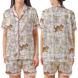 Kitten Lovers' Adorable Cream Tan Kittens Blue Green Eyes White Black Pink Grey Deconstructed Plaid Pattern Satin Short-Sleeve Pajamas Set
