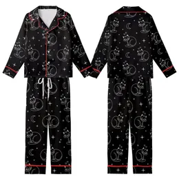 Cat Lovers' Minimalist White Line Art Sleeping Cats Black Background Whimsical Celestial Pattern Kid Satin Pajamas Set