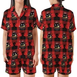 Cat & Ramen Enthusiasts' Whimsical Black Cat Ramen Bowl Red Black Buffalo Plaid Love Kanji Graphic Satin Short-Sleeve Pajamas Set