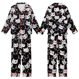 Cat Lovers' Expressive Cartoon Cat Faces Black White Gray Repeat Pattern Pink Accents Kid Satin Pajamas Set