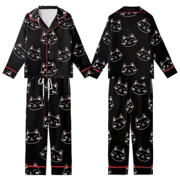 Cat Lovers' Black Minimalist Winking Cat Face Pink Cheeks Scattered Repeat Pattern Kid Satin Pajamas Set