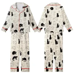Cat Lovers' Whimsical Black Line Art Cats Seamless Pattern Creamy Off-White Background Kid Satin Pajamas Set
