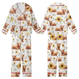 Whimsical Nature Lovers' Rustic Watercolor Highland Cow Golden Sunflower & Olive Teal Leaf Pattern Kid Satin Pajamas Set