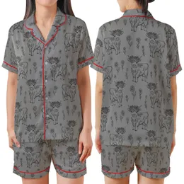 Whimsical Animal Lovers' Black Line Art Highland Cow Calves Floral Seamless Pattern on Heather Gray Satin Short-Sleeve Pajamas Set