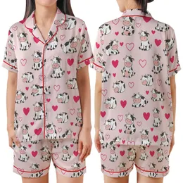 Cute Cow Lovers' Whimsical White Spotted Cartoon Cows Hot Pink Hearts Pastel Pink Seamless All-Over Design Satin Short-Sleeve Pajamas Set