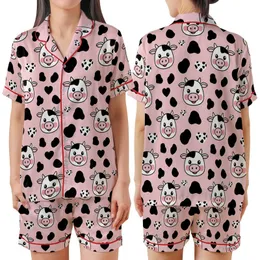 Kawaii Lovers' Whimsical Pastel Pink Cartoon Cow Face Heart Spot All-Over Print Satin Short-Sleeve Pajamas Set