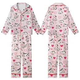 Cute Cow Lovers' Whimsical White Spotted Cartoon Cows Hot Pink Hearts Pastel Pink Seamless All-Over Design Kid Satin Pajamas Set