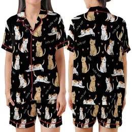 Cat Lovers' Whimsical Black Pattern with Tan & White Cartoon Cats, 'Cute Cat' Script, Pink Hearts Satin Short-Sleeve Pajamas Set
