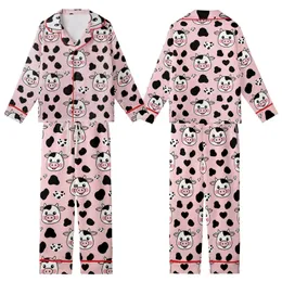 Kawaii Lovers' Whimsical Pastel Pink Cartoon Cow Face Heart Spot All-Over Print Kid Satin Pajamas Set