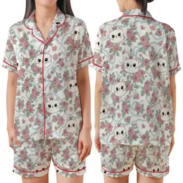 Cat Lovers' Whimsical Pink Crown Cartoon Cats, Soft Pink Rose Blossom, Sage Green, Pastel Blue Pattern Satin Short-Sleeve Pajamas Set