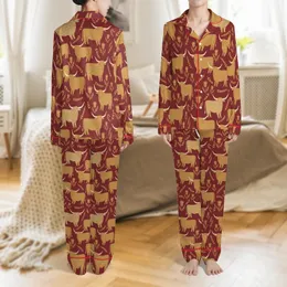 Highland Cow Lovers' Whimsical Flat Art Highland Cattle Thistle Heather Seamless Pattern Deep Crimson Red & Creamy Gold Satin Pajamas Set