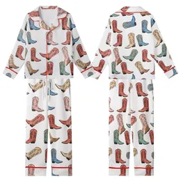 Western Style Lovers' Hand-Drawn Cowboy Boot Pattern Pink Teal Terracotta Hues Kid Satin Pajamas Set