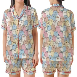 Cat Lovers' Kawaii Pastel Pink Blue Yellow Cat Crowd Seamless Pattern Satin Short-Sleeve Pajamas Set