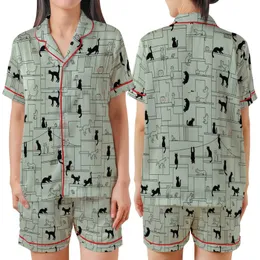 Cat Lovers' Whimsical Urban Cats Minimalist Sage Green Line Art Black Silhouette Pattern Satin Short-Sleeve Pajamas Set