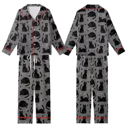 Cat Lovers' Whimsical Black Cat Silhouette Repeating Pattern Tiny Hearts White Dot Eyes Heather Dark Grey Kid Satin Pajamas Set
