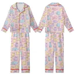 Cat Lovers' Whimsical Hand-Drawn Pastel Pink Blue Yellow Purple Cartoon Cat Repeating Pattern Kid Satin Pajamas Set