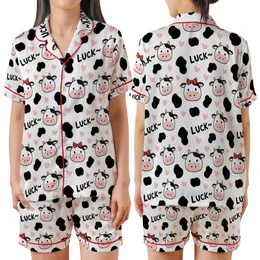 Cow Lovers' Seamless Cute Cartoon Cow Heads & Spots Pattern with Pink Muzzles, Tan Horns, Red Bows, 'LUCK~' Text, Pink Hearts Satin Short-Sleeve Pajamas Set