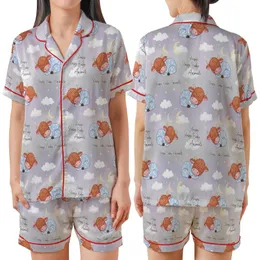 Baby Animal Lovers' Whimsical Sleepy Highland Cow Seamless Pattern in Soft Blue and Muted Gray with Twinkling Stars Satin Short-Sleeve Pajamas Set