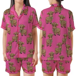 Whimsical Style Fans' Fluffy Brown Baby Highland Cow Leopard Bow Fuchsia Pink Illustrative Pattern Satin Short-Sleeve Pajamas Set