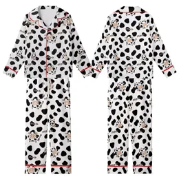 Cow Lovers' Whimsical Black White Peach Cartoon Cow Spot Playful Hand-Drawn Pattern Kid Satin Pajamas Set