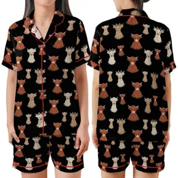 Animal Lovers' Whimsical Fluffy Highland Cow Calves Repeating Pattern with Leopard Print Bows on Black Satin Short-Sleeve Pajamas Set
