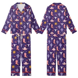 Western Style Aficionados' Whimsical Desert Royal Purple Coral Pink Cowboy Boots Cactus Steer Skull Pattern Kid Satin Pajamas Set
