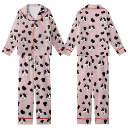 Whimsical Style Lovers' Pale Mauve Pink Cow Spot Happy Cartoon Faces & Pink Heart Pattern Kid Satin Pajamas Set