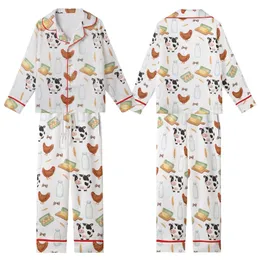 Farmhouse Decor Lovers' Charming Hand-Drawn Watercolor Farm-Fresh White Black Brown Spotted Cow Chicken Milk Bottle Seamless Pattern Kid Satin Pajamas Set