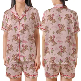 Western Enthusiasts' Whimsical Cowgirl Desert All-Over Print with Pink Hats, Coral Shirts, and Fuchsia Cacti Satin Short-Sleeve Pajamas Set