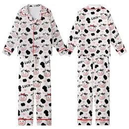 Cow Lovers' Seamless Cute Cartoon Cow Heads & Spots Pattern with Pink Muzzles, Tan Horns, Red Bows, 'LUCK~' Text, Pink Hearts Kid Satin Pajamas Set